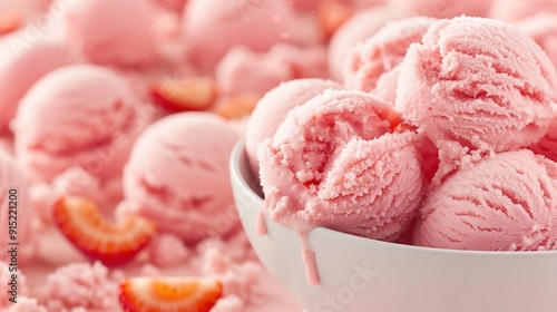   A white bowl brimming with pink ice cream rests beside a mound of strawberries and other similar scoops photo