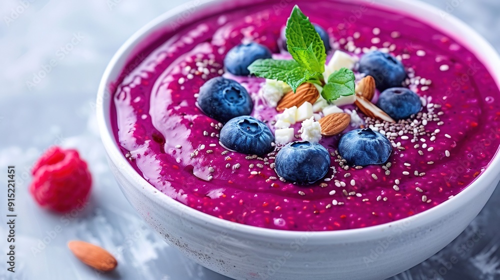 A bowl of smoothie with blueberries, almonds, and mint garnish on a table A bowl of smoothie with blueberries, almonds, and mint garnish on a table