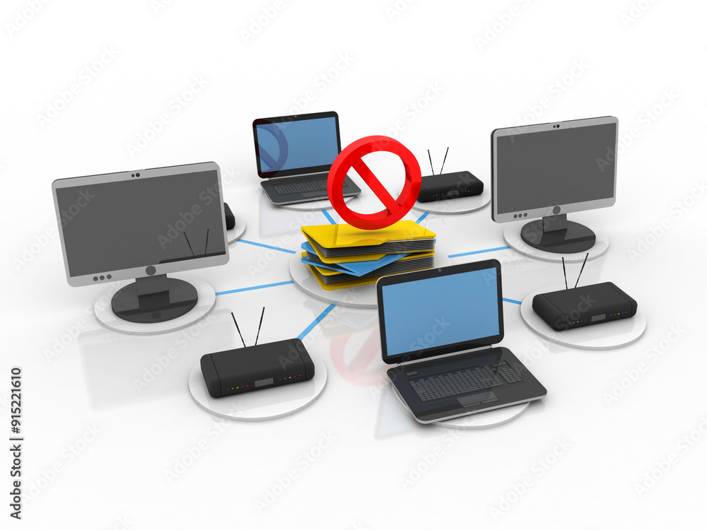 3d rendering computer modem wifi network with folder storage 3d rendering computer modem wifi network with folder storage