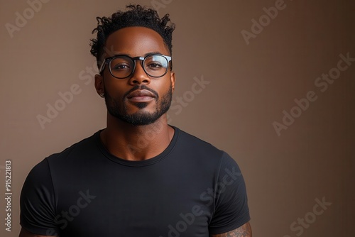 confident african american man modeling a fitted black tshirt against a neutral background highlighting the garments versatility for branding and design