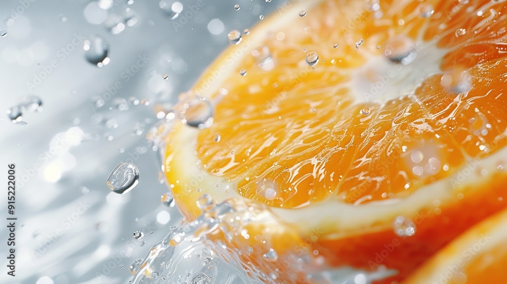 Close-up of an orange with water splashing on both sides Close-up of an orange with water splashing on both sides