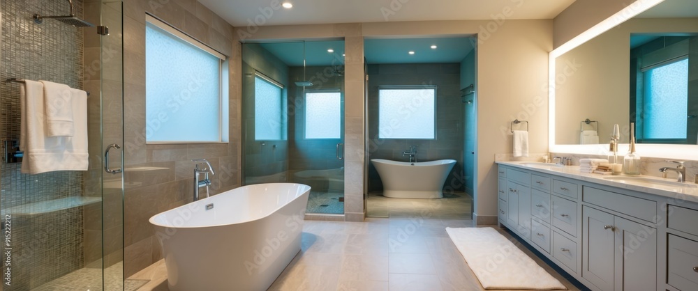 A modern, serene bathroom featuring a luxurious soaking tub and elegant design emphasizing cleanliness and tranquility A modern, serene bathroom featuring a luxurious soaking tub and elegant design emphasizing cleanliness and tranquility