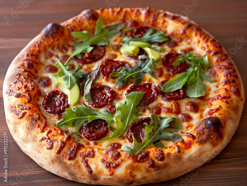 A pizza with green vegetables on it. The pizza is on a wooden table