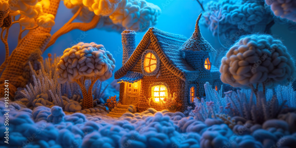 Fototapeta premium A Cozy Knitted Cottage Nestled in a Yarn Forest.