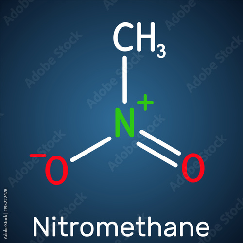 Nitromethane molecule. Structural chemical formula, dark blue background