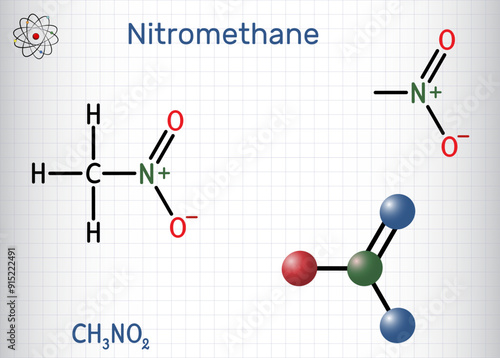 Nitromethane molecule. Structural chemical formula, molecule model. Sheet of paper in a cage