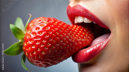 Close-up of a tongue touching a delicious, juicy, crimson strawberry, with taste buds clearly visible, evoking a sense of sweet and tangy flavor sensation.