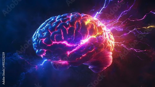 A human brain with colorful lightning and energy flowing through it, set against a dark background