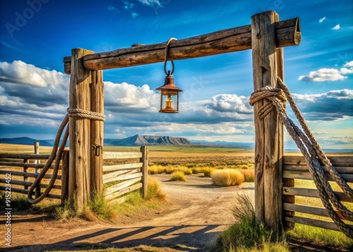 Rustic wooden rodeo gate adorned with weathered rope and old-fashioned lantern, set against a bright blue sky with vast, open ranchlands in the background.