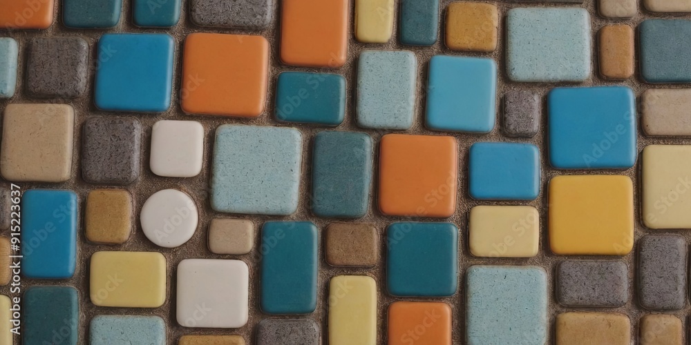 A colorful mosaic tile wall with blue, yellow, and orange tiles A colorful mosaic tile wall with blue, yellow, and orange tiles