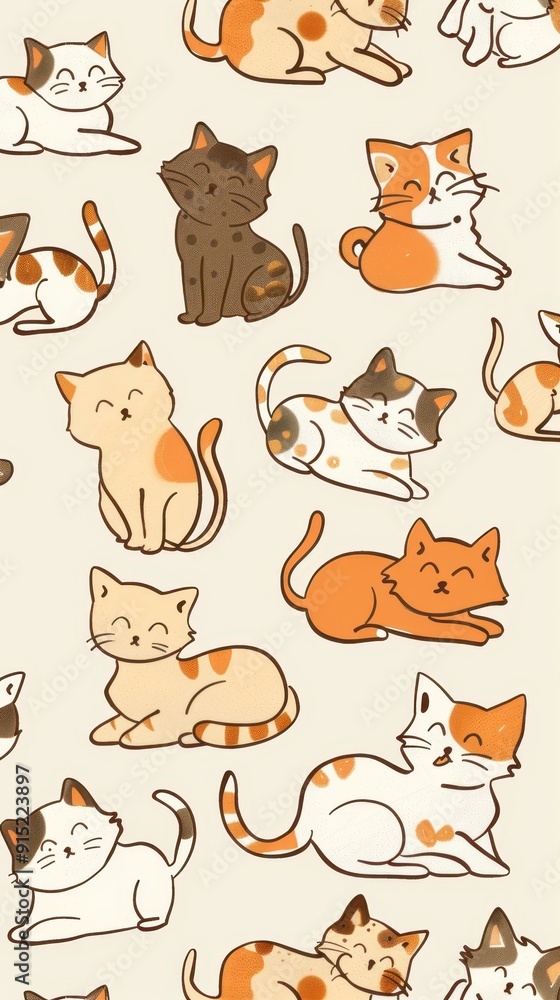 Fototapeta premium A delightful collection of illustrated cats in different poses and colors creates a charming repeating pattern