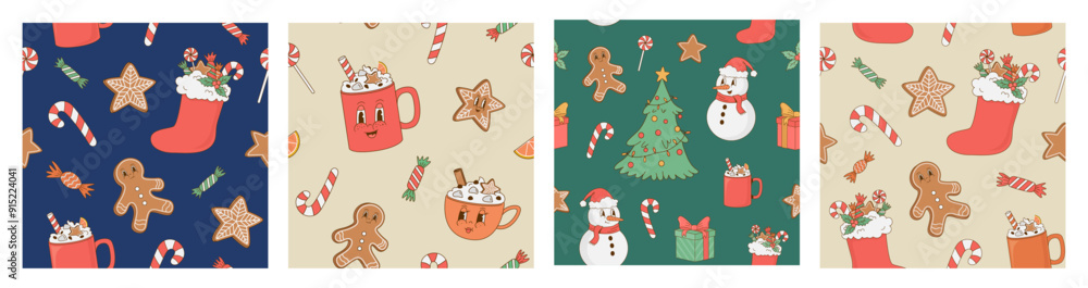Set of retro cartoon Christmas seamless pattern. Xmas tree, snowman, sweets, gift, coffee cup. Perfect for decoration, wrapping paper, print Set of retro cartoon Christmas seamless pattern. Xmas tree, snowman, sweets, gift, coffee cup. Perfect for decoration, wrapping paper, print
