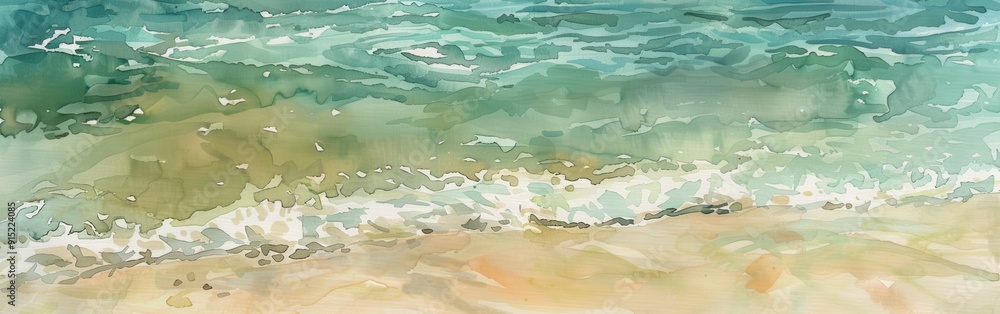 A watercolor painting depicts a scene of ocean waves crashing on a sandy beach. The water is a vibrant turquoise and blue, with white foam swirling at the edges. The sandy beach is a warm beige color, A watercolor painting depicts a scene of ocean waves crashing on a sandy beach. The water is a vibrant turquoise and blue, with white foam swirling at the edges. The sandy beach is a warm beige color,