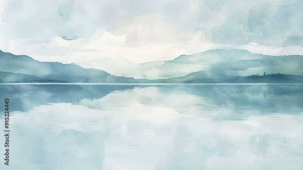 Fototapeta premium A picturesque watercolor painting depicts a serene lake with mist-covered mountains reflecting in the still water. The sky is a soft blue, with wispy clouds adding a touch of ethereal beauty. The moun