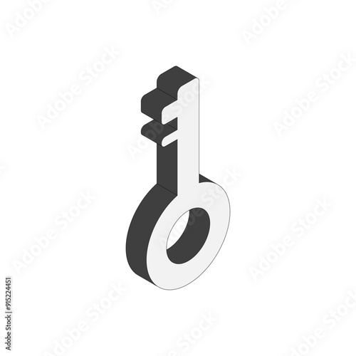 モノクロの鍵アイコン。アイソメトリック 図法2、右面法。主線のあるイラスト。
