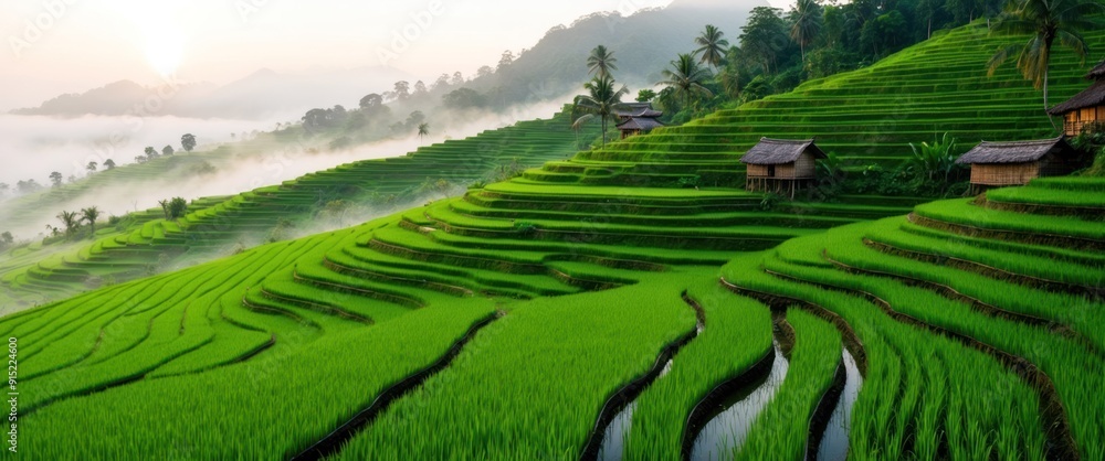 Fototapeta premium A serene landscape of terraced rice fields at sunrise, showcasing vibrant green crops and a peaceful rural atmosphere