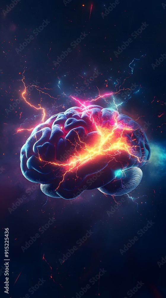 A human brain with colorful lightning and energy flowing through it, set against a dark background A human brain with colorful lightning and energy flowing through it, set against a dark background