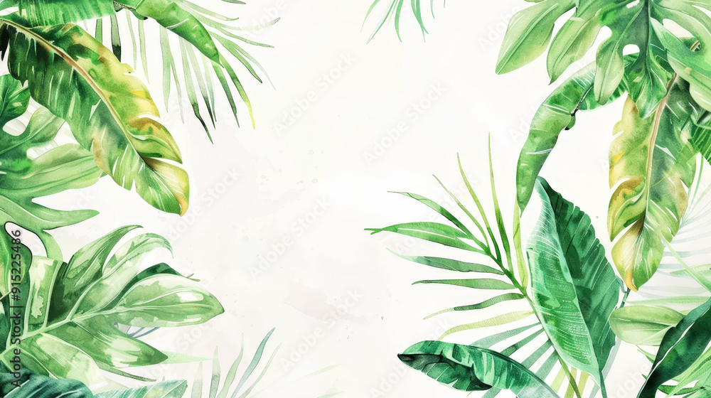 Aesthetic watercolor frame with green tropical leaves, copy space, light background, foliage template. Generative AI Aesthetic watercolor frame with green tropical leaves, copy space, light background, foliage template. Generative AI