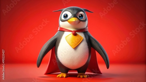 A penguin wearing a superhero cape, ready for action, isolated on red background , copy space,generative ai photo