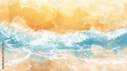 A watercolor painting depicts ocean waves crashing on a sandy beach, with the waves highlighted in white and blue against a golden background.