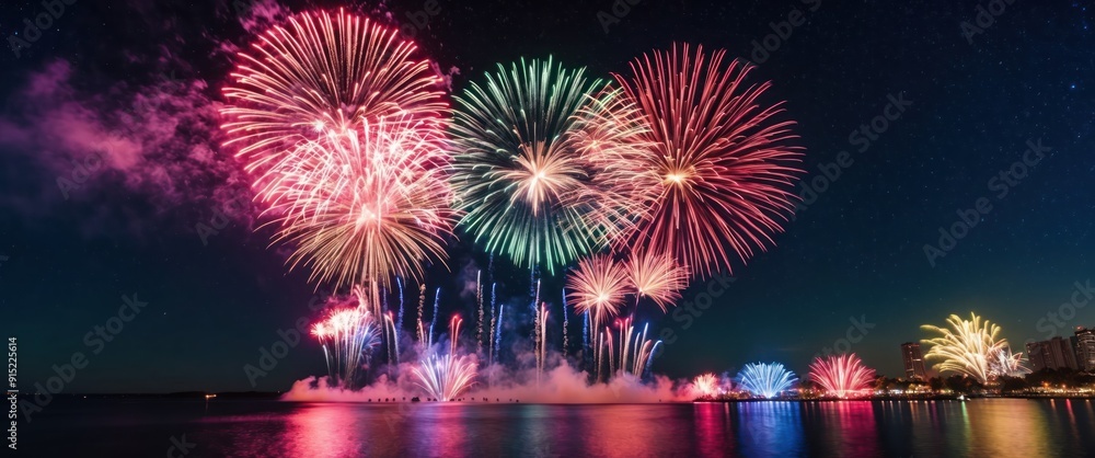 Obraz premium A vibrant night scene featuring colorful fireworks illuminating the sky, symbolizing celebration and joy