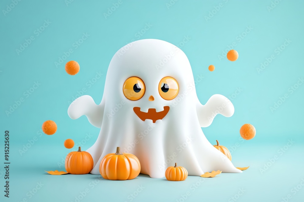Obraz premium A cheerful cartoon ghost with big eyes and a pumpkin smile, surrounded by pumpkins and orange bubbles on a turquoise background.