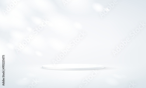 Empty gray and white studio room background. White background vector 3d with podium. Empty room with shadow leaves. Space for selling products on the website. Vector illustration.