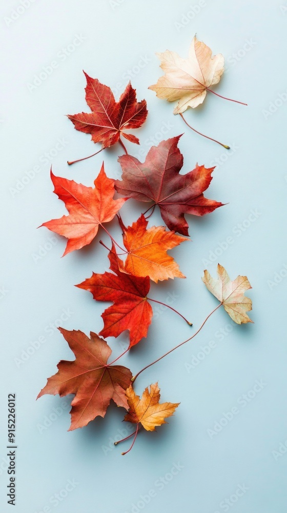 Maple leaves on blue background, autumn background with copy space. Maple leaves on blue background, autumn background with copy space.
