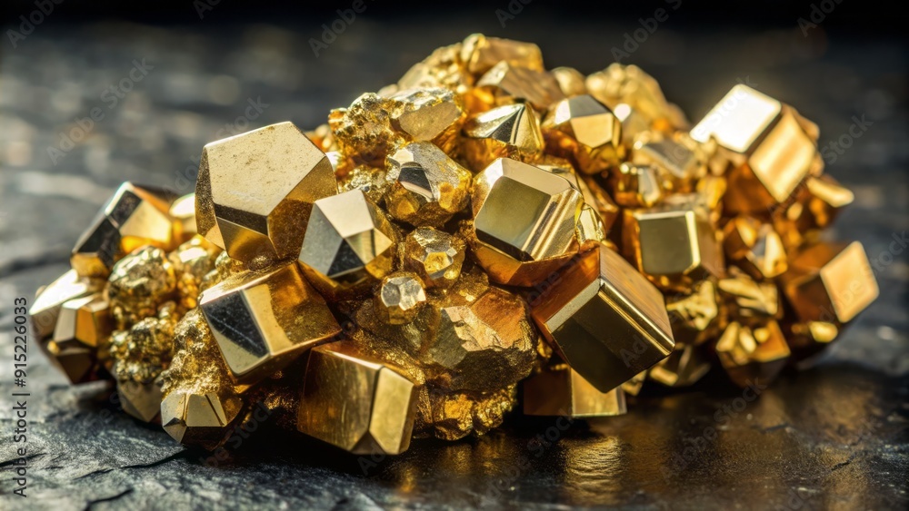 A cluster of pyrite crystals, also known as fool's gold, shines brightly with a metallic luster, its brassy yellow color illuminating a dark granite background. A cluster of pyrite crystals, also known as fool's gold, shines brightly with a metallic luster, its brassy yellow color illuminating a dark granite background.