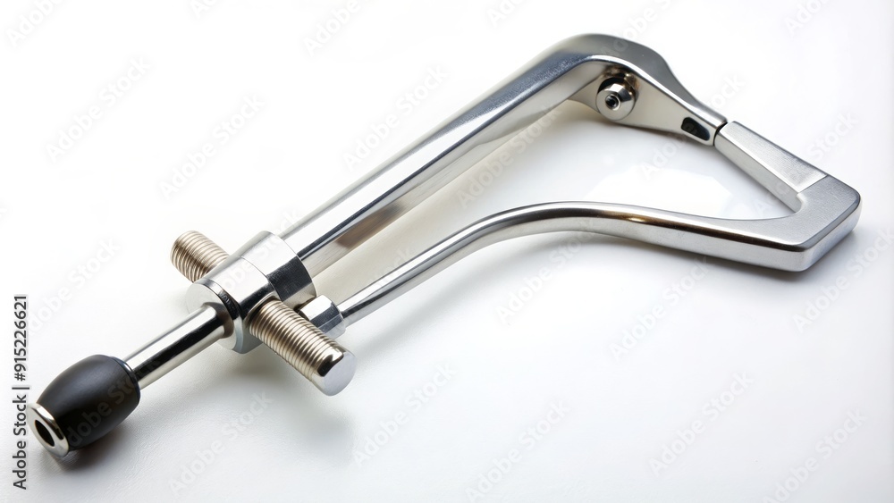 Adjustable chiropractic tool with ergonomic grip and curved metal arm lies on a clean white surface, ready for spinal manipulation and back pain relief therapy. Adjustable chiropractic tool with ergonomic grip and curved metal arm lies on a clean white surface, ready for spinal manipulation and back pain relief therapy.