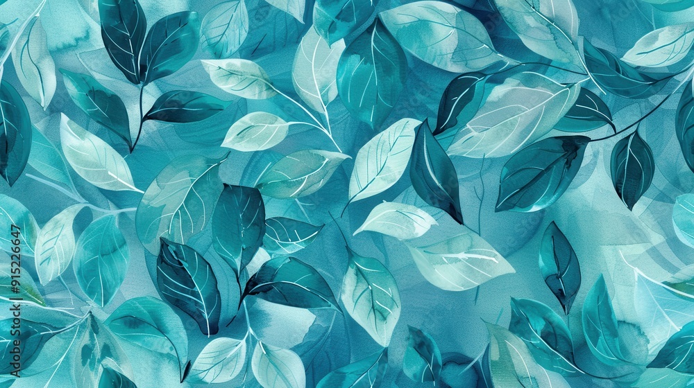 The image is a watercolor painting of teal leaves on a blue background. The leaves are various shades of teal and are arranged in a random pattern, creating a sense of movement and depth. The image is a watercolor painting of teal leaves on a blue background. The leaves are various shades of teal and are arranged in a random pattern, creating a sense of movement and depth.