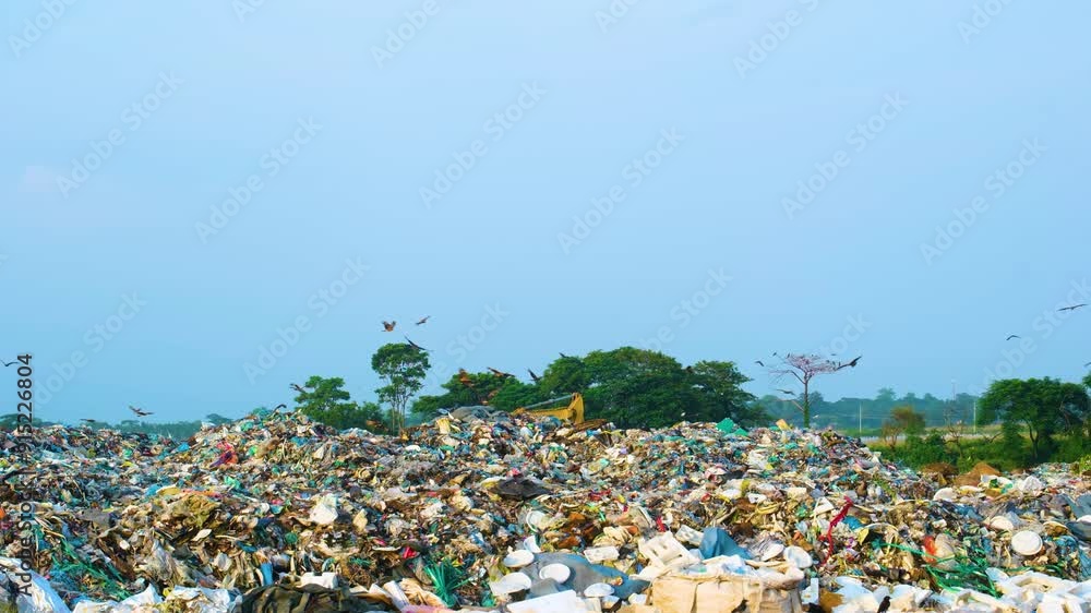 Birds fly over a vast waste landfill site located in Dhaka, Bangladesh, highlighting issues of waste management and environmental pollution. Birds fly over a vast waste landfill site located in Dhaka, Bangladesh, highlighting issues of waste management and environmental pollution.