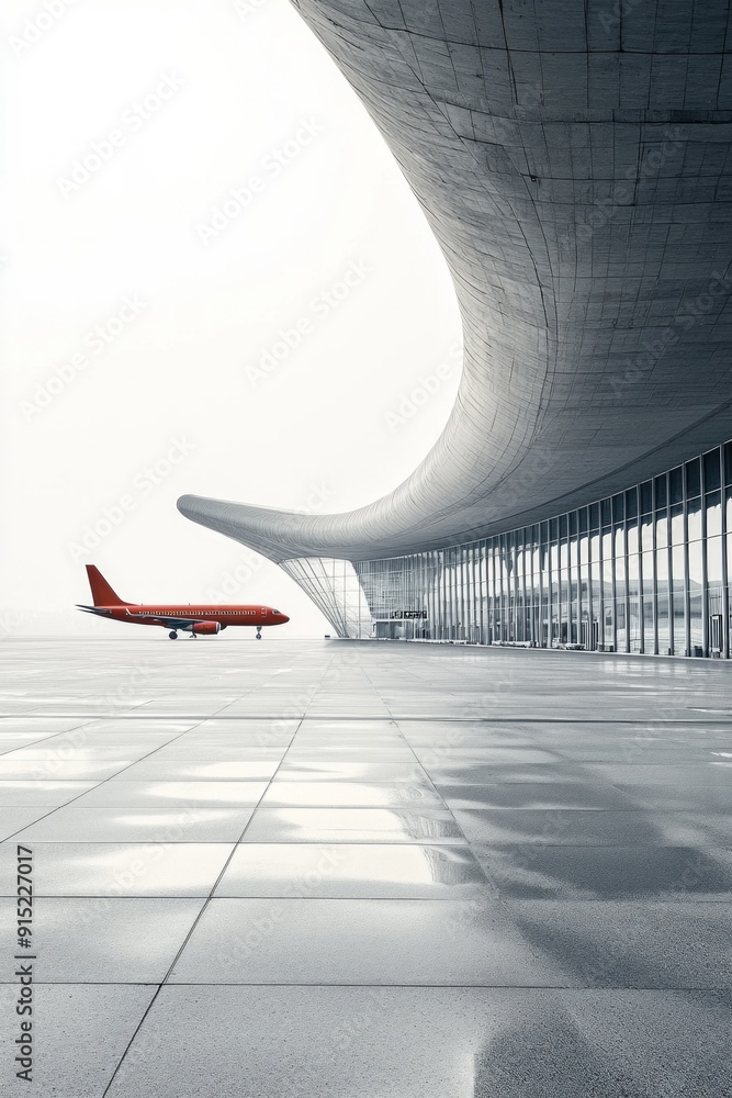 Fototapeta premium An ultramodern grey airport terminal with sleek lines and expansive grey tarmac is highlighted by a single, brightly colored red airplane, standing out against the muted backdrop.