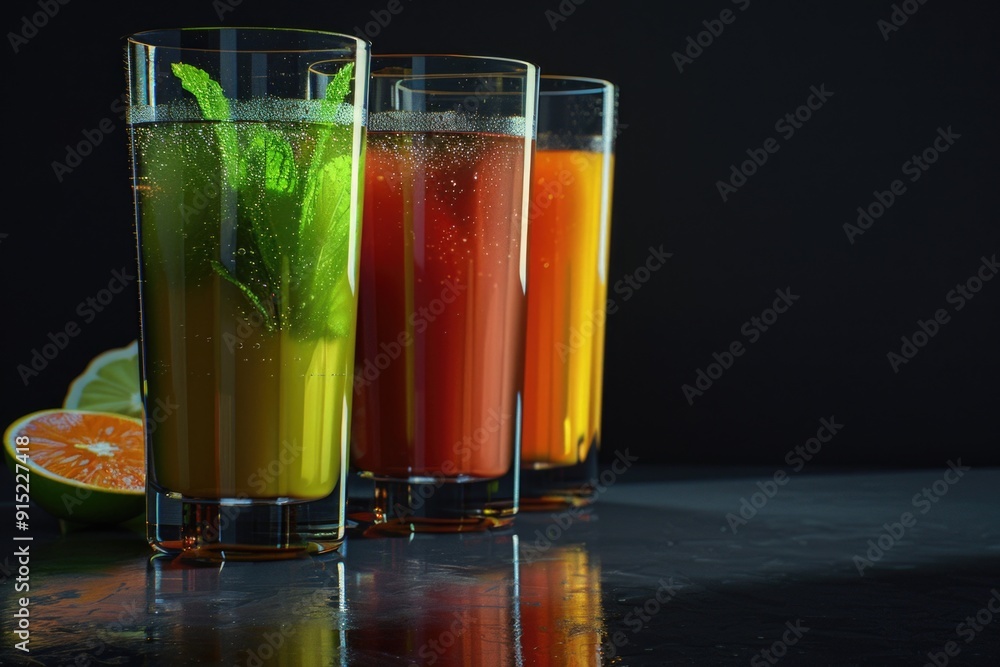 Three glasses filled with different colored drinks Three glasses filled with different colored drinks