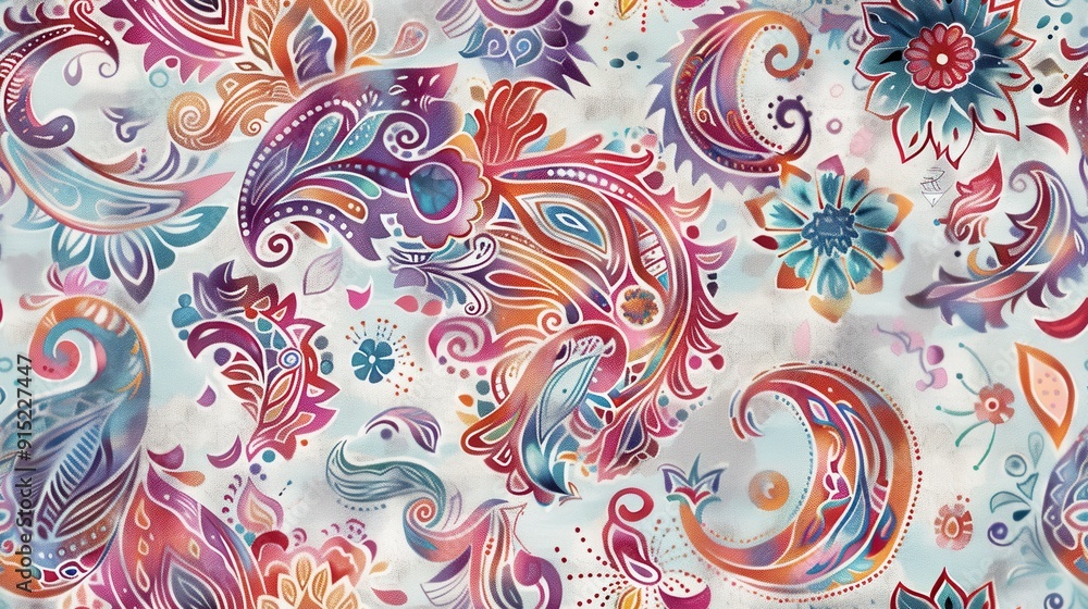 A seamless pattern featuring vibrant, colorful paisley designs with floral accents on a white background. The paisley shapes are intricately detailed and appear to be painted in a watercolor style, cr
