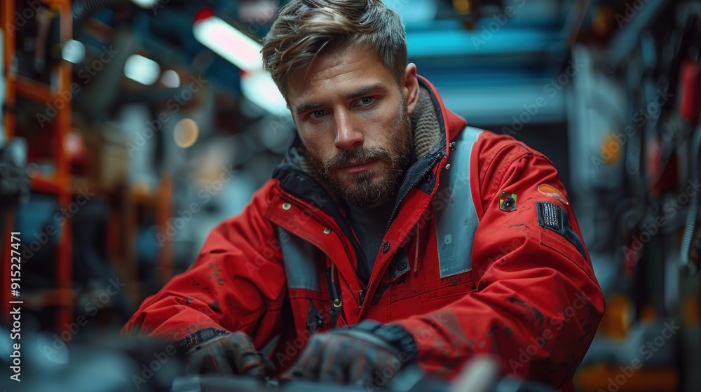 Man in red jacket working Man in red jacket working