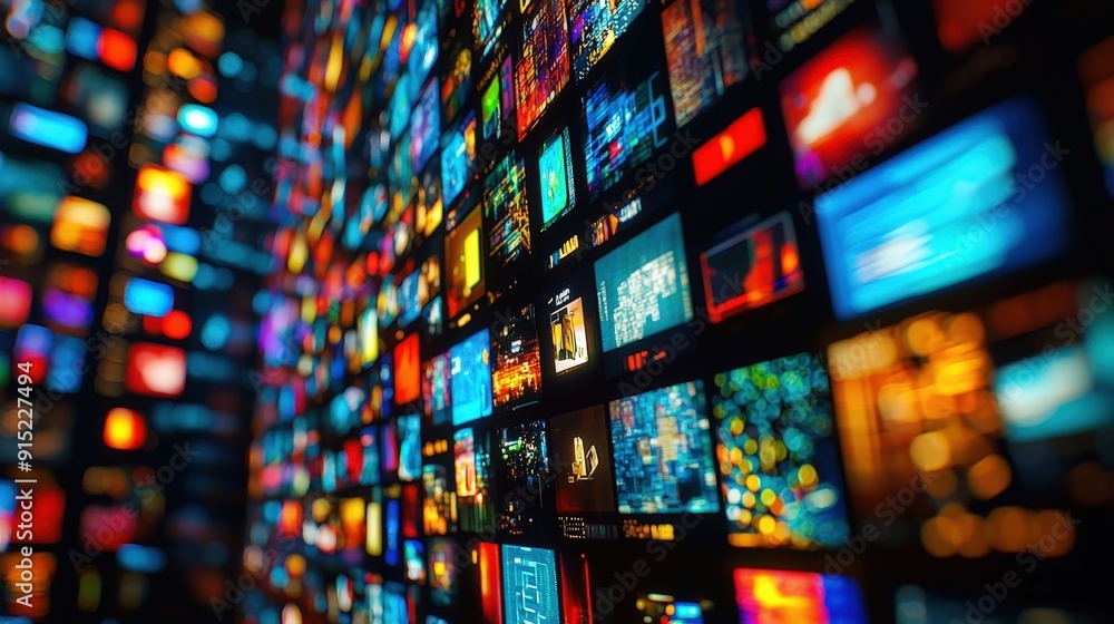 A wall filled with illuminated screens showcases a variety of digital content, creating an engaging and dynamic visual experience A wall filled with illuminated screens showcases a variety of digital content, creating an engaging and dynamic visual experience