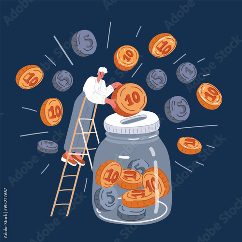 Cartoon vector illustration of woman collecting money in glass jar over dark background