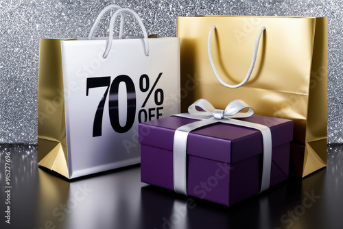 Golden and purple packages with the inscription 70% on a dark background, the concept of discounts and sales. AI