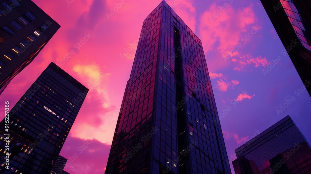 Fototapeta premium Towering skyscraper against sunset sky for real estate and urban development marketing 
