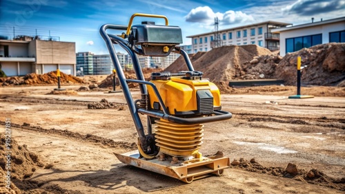 A heavy-duty pneumatic rammer compactor stands upright on a construction site, ready to flatten and smooth out rough terrain and soil for building projects. photo