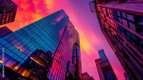 Wallpaper Mural Low-angle view of skyscrapers reflecting vibrant sunset for cityscape promotions
 Torontodigital.ca