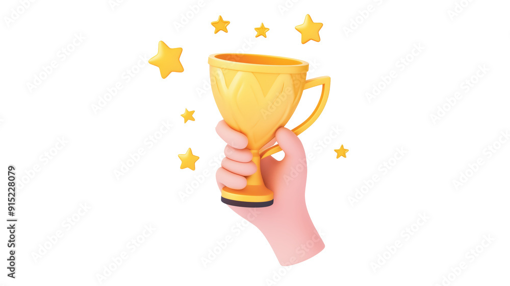 Hand holding a golden trophy with sparkling stars isolated on transparent background Hand holding a golden trophy with sparkling stars isolated on transparent background