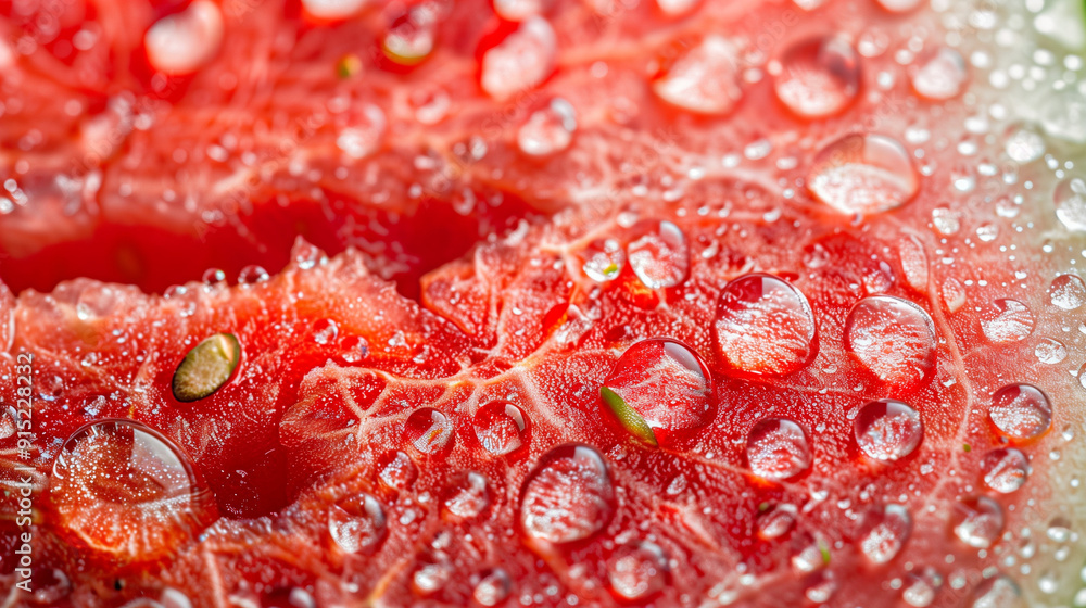 A close-up shot of a chilled watermelon slice, covered with tiny condensed water droplets, against a pure white background A close-up shot of a chilled watermelon slice, covered with tiny condensed water droplets, against a pure white background
