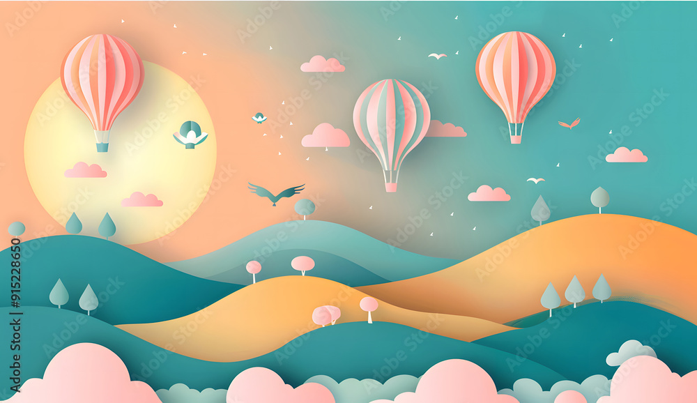 Creative and colorful paper art with the sun, clouds, mountain, and hot air balloons design Creative and colorful paper art with the sun, clouds, mountain, and hot air balloons design