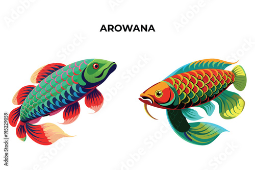 Detailed Arowana Fish vector illustration. Perfect for culinary, marine, and environmental designs. High-quality vector for easy customization. Ideal for menus, packaging, education, and web graphics.