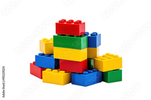 Colorful Building Blocks Stacked Strategically in a Whimsical Arrangement on a Bright Surface on Transparent PNG Background.