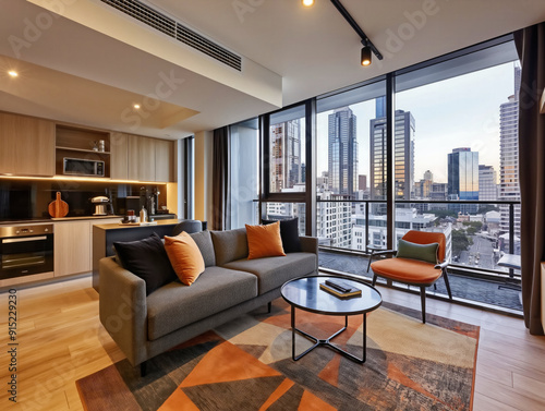 A large living room with a couch, coffee table, and a potted plant. The room has a modern and minimalist design