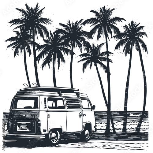 Surf bus retro minivan, palm trees, surfboard and beach. Vector illustration	