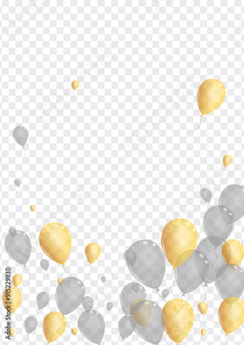 Gray Air Background Transparent Vector. Toy Carnival Template. Yellow Glitter Surprise. Balloon Fly Banner.